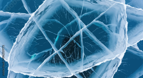 Close-up view of intricate cracks and blue hues within clear ice formations, showcasing the frozen texture and crystalline structure.