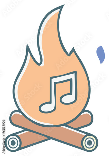 Stylized illustration of campfire with musical note. Creative music theme