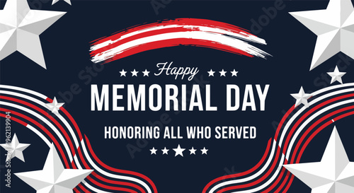 Dramatic patriotic Memorial Day design with stars, stylized flag elements, and text on a dark blue background, suitable for holiday promotions, event marketing, and social media content.