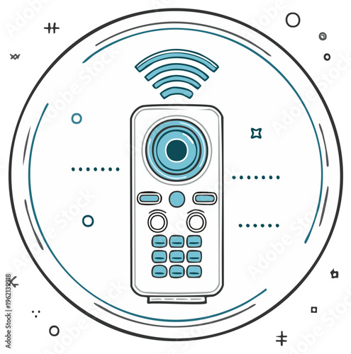 Sketchy Smart Remote control with signal waves surrounded by geometric symbols