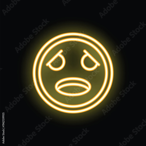 Bright neon yellow sad face is glowing on a black background