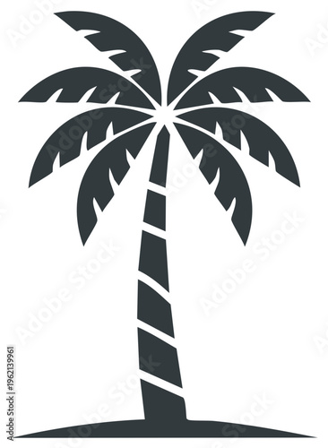 Dark silhouette of a tropical palm tree with stylized fronds and a striped trunk on a sandy base