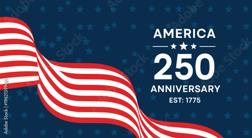 Dramatic vector of a waving American flag with stars and the text "AMERICA 250 ANNIVERSARY", concept for patriotic events, commemorative posters and national celebrations.