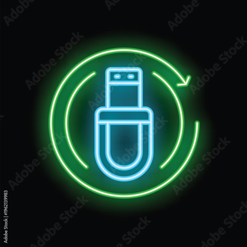 Neon blue usb flash drive glowing inside a bright green circle with an arrow rotating clockwise on a black background