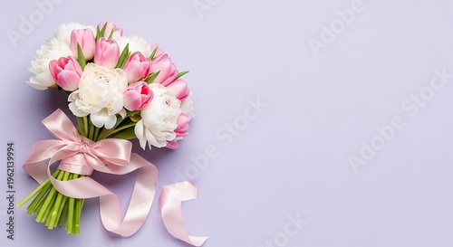Beautiful bouquet of pink and white tulips with ribbon on light purple background