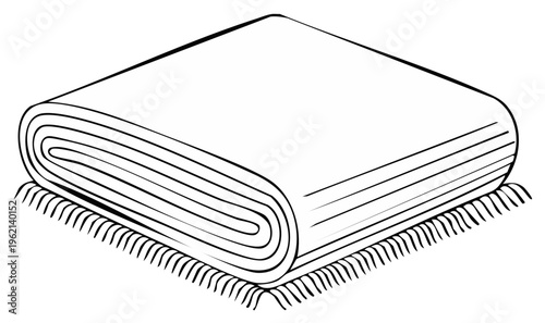 Folded warm throw blanket with fringe in a simple black and white line art vector style
