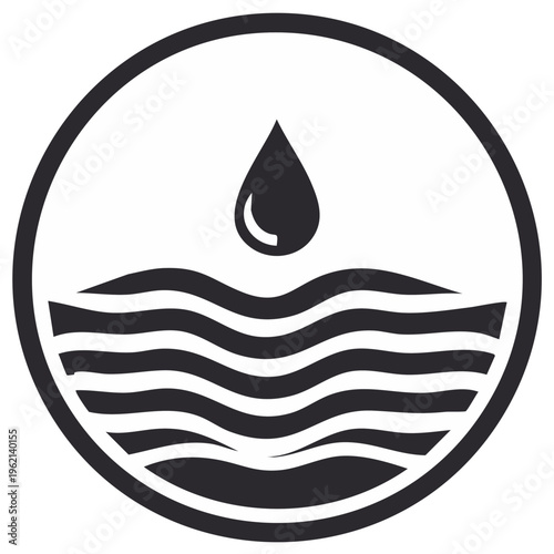 Minimalist water droplet falling onto abstract waves within a circular outline symbolizing purity and fluid dynamics