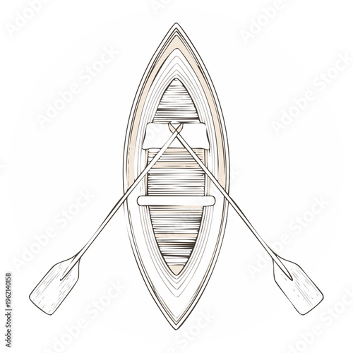 Hand drawn illustration of a wooden rowboat with oars from above