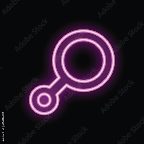 Bright pink neon search icon glowing in the dark