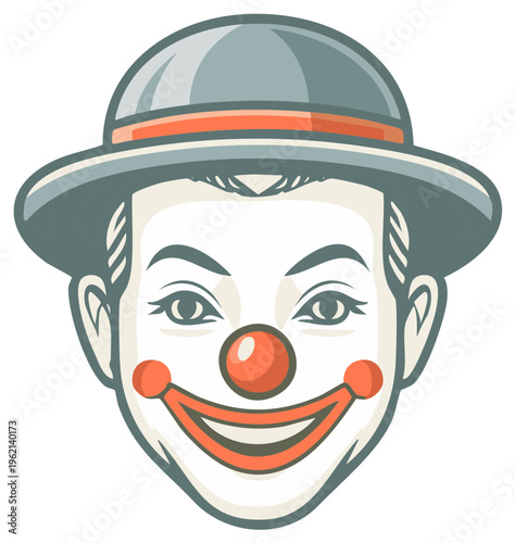 Cartoon clown face with red nose and smiling mouth, retro style.