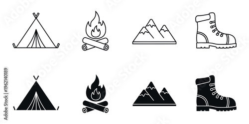 Camping icons set including tent fire mountain and hiking boot