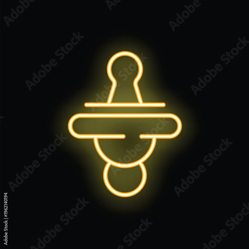 Bright yellow neon sign depicting a baby pacifier, glowing on a black background