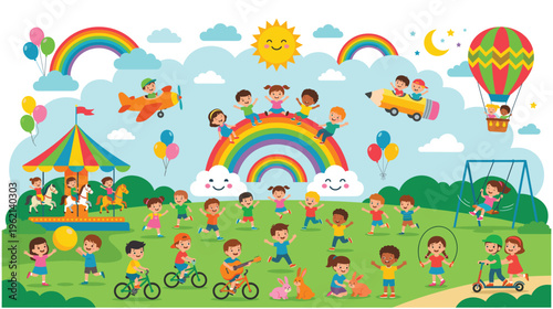 Children playing and enjoying outdoor activities on a sunny day.