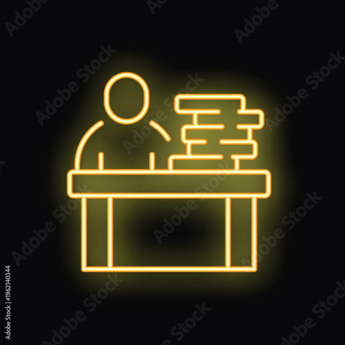 Neon office worker sitting at desk with pile of folders representing workload, overtime and deadline concept