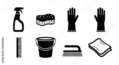 Cleaning Supplies Icons Set: Spray Bottle, Sponge, Gloves, Brush, Bucket, Cloth