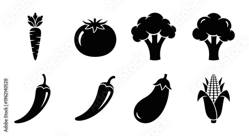 Set of black silhouette icons of fresh vegetables: carrot, tomato, broccoli, chili pepper, eggplant, corn