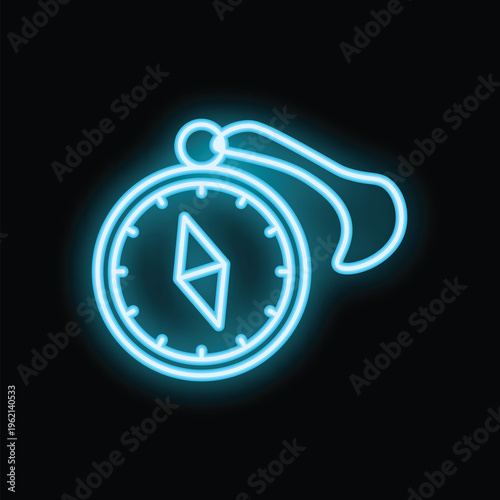 Neon blue compass pointing north, guiding travelers and adventurers