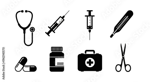 Medical Icons Set: Stethoscope, Syringe, Thermometer, Pills, First Aid Kit, Scissors