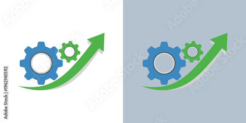 Vector icon depicting two interlocking gears and an upward-trending arrow, illustrating concepts of progress, development, efficiency, and optimization in various sectors