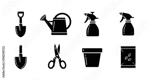 Gardening Tools Icon Set: Shovel, Watering Can, Sprayer, Pot, Scissors, Seeds