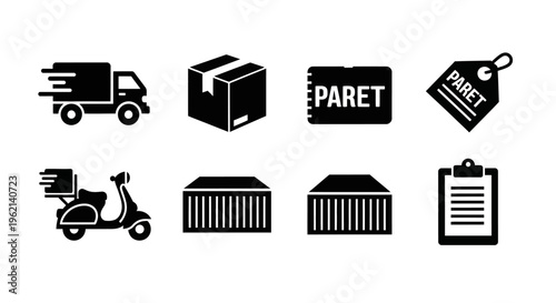 Delivery and Shipping Icons: Truck, Scooter, Box, Tag, Container, Clipboard