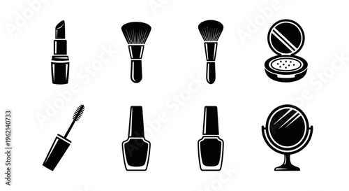 Cosmetics and Makeup Icons: Lipstick, Brushes, Mascara, Nail Polish, Mirror, Powder Compact