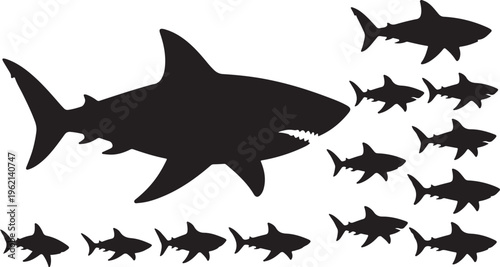Large Shark Swimming with School of Smaller Fish Silhouettes