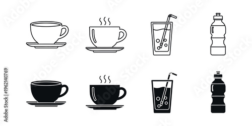 Black and white illustrations of various coffee and soda drinks