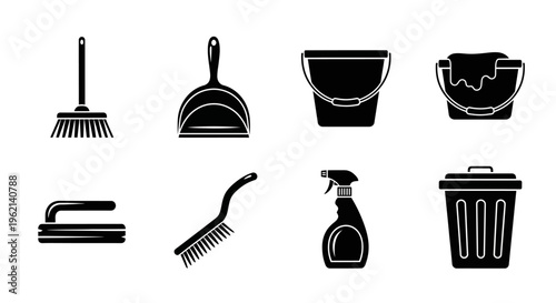 Cleaning Supplies Icons: Broom, Dustpan, Buckets, Brush, Sprayer, Trash Can