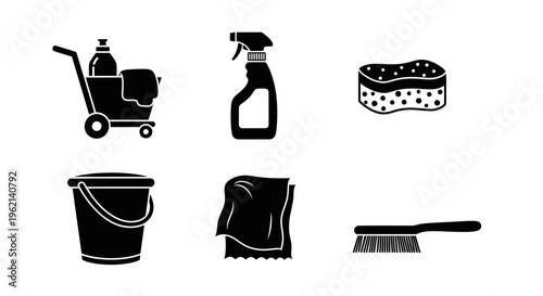Cleaning Supplies Icons Set: Bucket, Spray Bottle, Sponge, Cloth, Brush, Cart