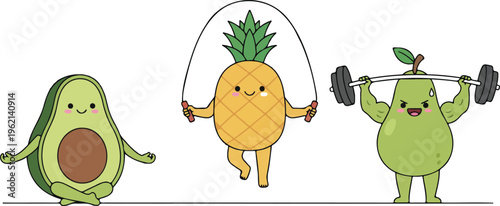 Healthy avocado pineapple and pear characters performing yoga jumping rope and barbell exercises for wellness.