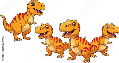 Cartoon Tyrannosaurus Rex dinosaur family, cute orange T-Rex character set with red stripes, friendly prehistoric predator vector illustration