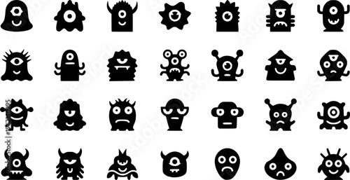Collection of minimalist black silhouette icons featuring cute monsters, aliens, and fantasy creatures, creative character design vector set isolated on white.