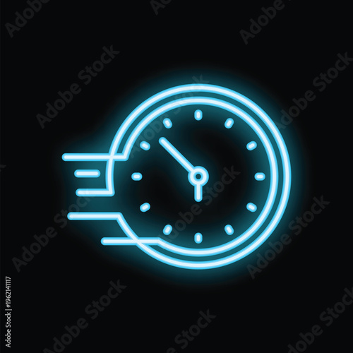 Neon blue clock is representing the concept of time flying by very fast
