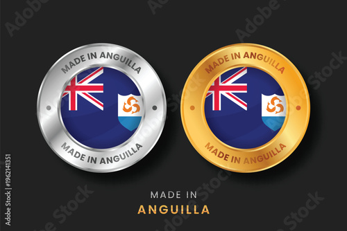 Elegant gold and silver labels featuring the flag of Anguilla. Premium vector icons for Caribbean product origin, manufacturing, and export quality from British Overseas Territory.