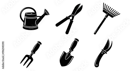 Gardening Tools Set Silhouette Icon Collection - Watering Can, Pruner, Rake, Fork, Trowel, Knife