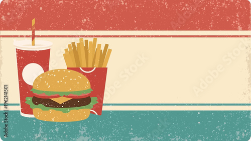 Vintage illustration of a classic fast food meal featuring a hamburger, french fries, and a soda drink.