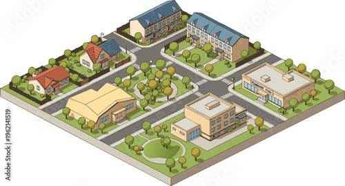 Charming suburban neighborhood isometric illustration featuring houses, townhomes, community buildings, and lush green parks