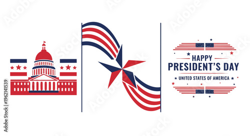 Stylized American flag elements and capitol building illustration, commemorating Happy President's Day, suitable for patriotic celebrations, event promotion and political campaigns.