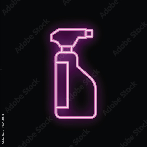 Neon sign in the shape of a spray bottle, glowing brightly against a dark background