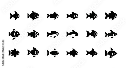 Set of 15 Black Fish Icons, Various Styles, Marine Life Vector Graphics