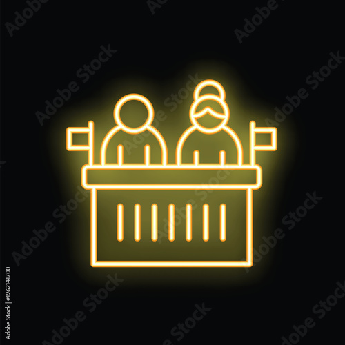 Yellow neon sign of politicians standing behind a podium with flags, giving a speech