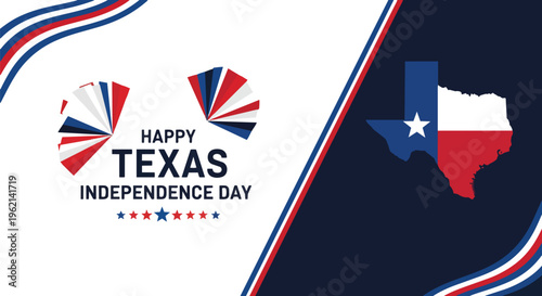 Stylized Texas Independence Day graphic with state map and flag elements, perfect for celebrating freedom, patriotic events, and regional marketing.