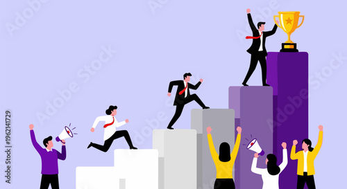 Business success concept vector, ambitious professionals climbing bar chart stairs to reach gold trophy, corporate growth and leadership achievement