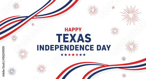 Vibrant design celebrating Texas Independence Day with white background, patriotic colors, and fireworks, ideal for event promotion, social media graphics and holiday greetings.