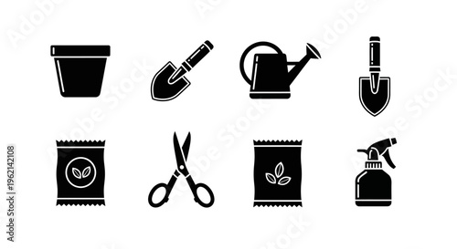 Gardening Tools and Supplies Icons Set: Pot, Trowel, Watering Can, Sprayer, Seeds, Scissors