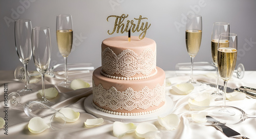 Elegant Two Tiered 30th Birthday Cake with Lace and Gold Topper