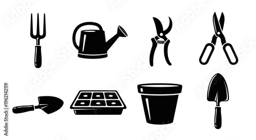 Gardening Tools Icon Set: Fork, Watering Can, Pruners, Scissors, Trowel, Seed Tray, Pot