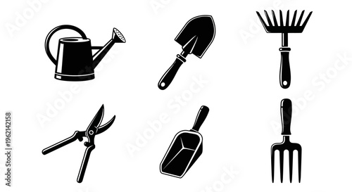 Gardening Tools Icons Set: Watering Can, Trowel, Rake, Pruners, Scoop, Fork