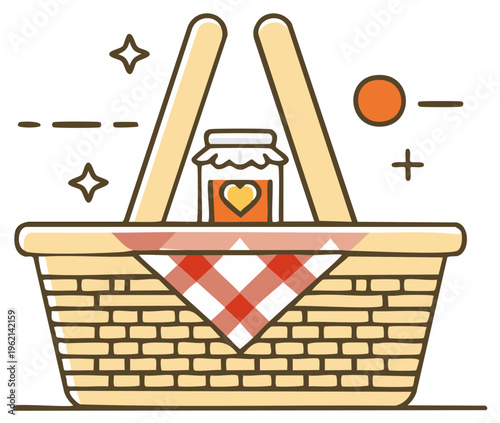 Charming picnic basket illustration filled with a jar of honey ready for an outdoor adventure or a delightful meal concept